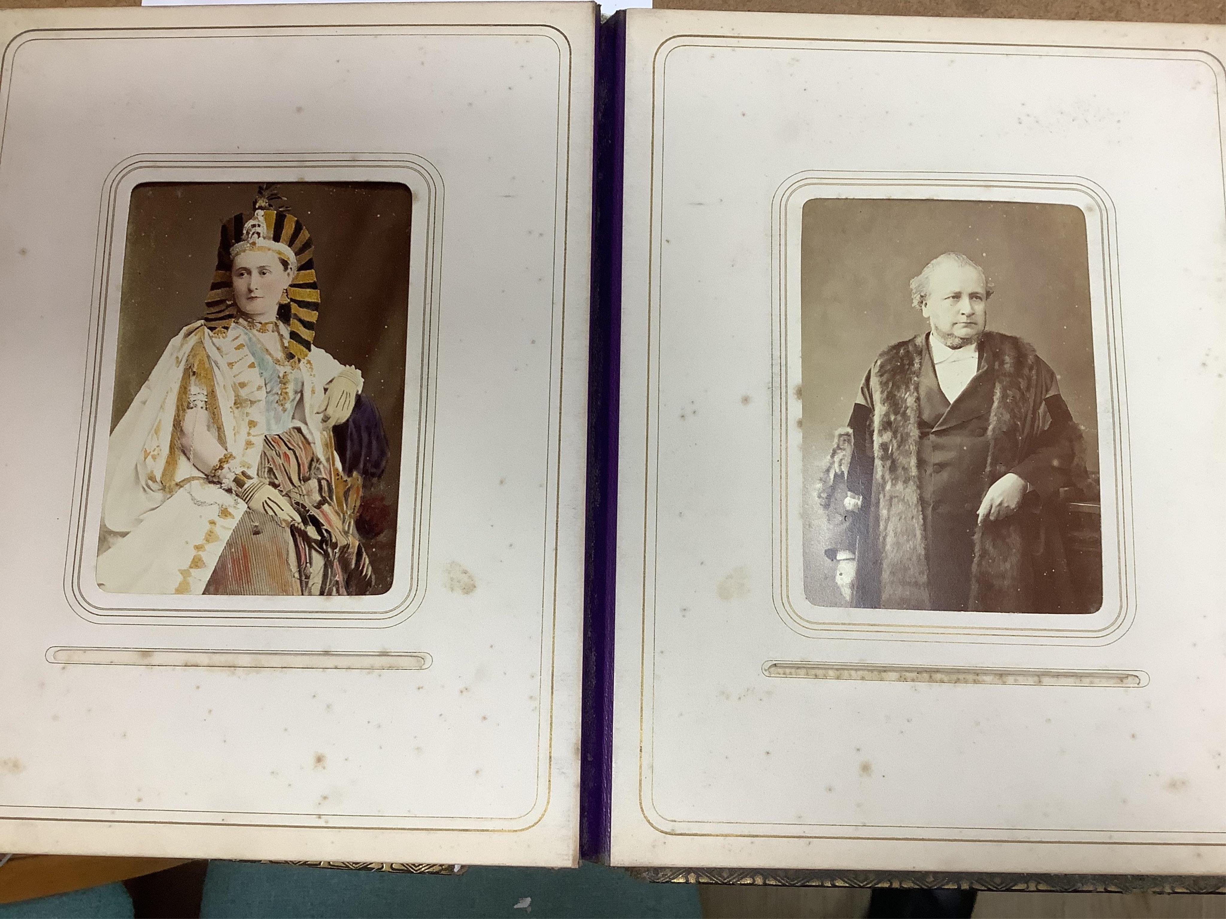 A Victorian malachite mounted amboyna family photograph album, 23cm x 30cm